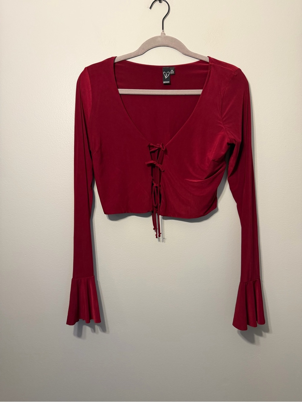 Windsor Burgundy Tie-Front Long Sleeve Crop Top